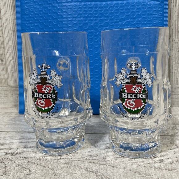 Set of 2 Becks Beer Mug Clear Glass Stein Cup 12fl oz 3D Design Heavy Thick GUC - Picture 1 of 11